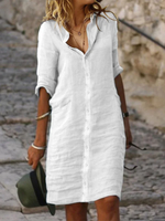 Cotton And Linen Loose Linen Plain Dress - thumbnail