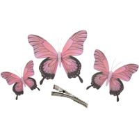 3x stuks decoratie vlinders op clip - roze - 3 formaten - 12/16/20 cm