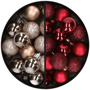 34x stuks kunststof kerstballen champagne en donkerrood 3 cm