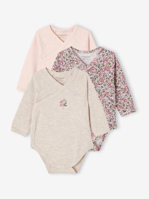 Set van 3 babyrompertjes met lange mouwen van biologisch katoen, opening voor pasgeborenen lichtroze