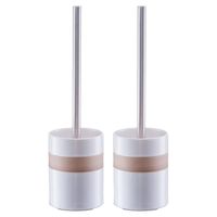 2x stuks WC/Toiletborstel in houder keramiek - wit met beige band - 9 x 33 cm - Toiletborstels