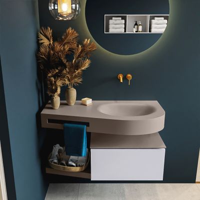 MONDIAZ RIVA 100cm badmeubel onderkast / planchet kleur Cale met 1 lade. Wastafel DULCET rechts 0 kraangaten kleur Smoke.