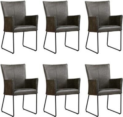 Set van 6 Donkergrijze leren industriële eetkamerstoelen Mate - Kenia Leer Antracite (donkergrijs leer)