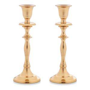 Kaarsen kandelaar van decoratief metaal - 2x - voor dinerkaarsen - goud - D9 x H23 cm