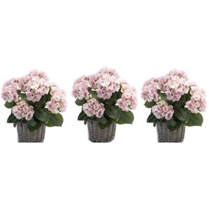 Kunstplant Hortensia bloemen in mand - 3x - Roze - H45 cm - Kunstplanten/nepplanten met bloemen