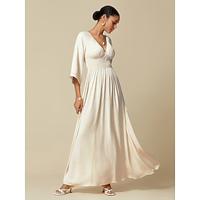 Dames maxi-jurk voor bruiloftsgasten, witte gesmokte taille, v-hals, formele elegante jurk met 3/4 mouwen