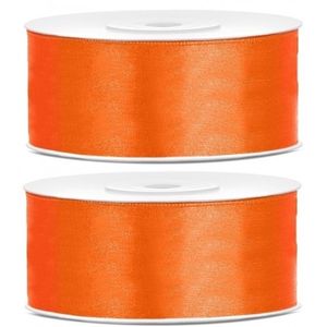 2x Oranje satijnlinten op rol 2,5 cm x 25 meter cadeaulint verpakkingsmateriaal