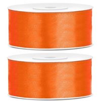 2x Oranje satijnlinten op rol 2,5 cm x 25 meter cadeaulint verpakkingsmateriaal - thumbnail