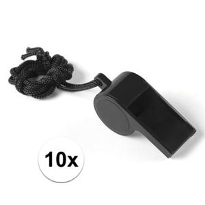 Fluitjes van kunststof - Multipack van 10x stuks - zwart - aan koordje - herrie maken - sport
