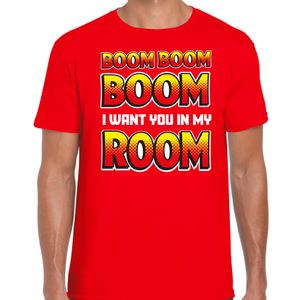 Foute party t-shirt voor heren - Boom boom boom i want you in my room - rood - carnaval/themafeest