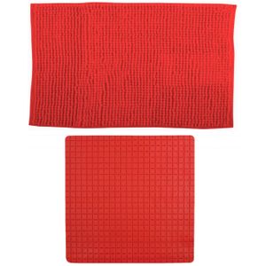 MSV Douche anti-slip mat en droogloop mat - Sevilla badkamer set - rubber/microvezel - rood