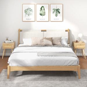Set van 2 Rotan Nachtkastjes Bijzettafel met Lade en 4 Grenen Poten Banktafel voor Slaapkamer Woonkamer Eiken Natuurlijke Stijl