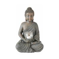 Deco by Boltze Boeddha beeld met windlichtje&amp;nbsp; - binnen/buiten - antiek betongrijs - 26 x 25 x 41 cm   - - thumbnail