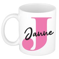 Naam mok Janne - roze - wit - keramiek - 300 ml - verjaardag/cadeau beker