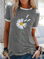 Round neck casual daisy printed short-sleeved T-shirt - thumbnail