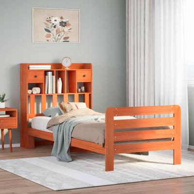 Bed met boekenkast zonder matras grenenhout wasbruin 75x190 cm