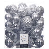 Set van 55x stuks kunststof kerstballen incl. ster piek zilver