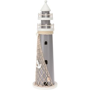 Maritieme decoratie beeldje Vuurtoren - Hout - 11 x 37 cm - grijs/wit