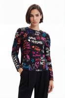 Blouse met pofmouwen en tekst - BLACK - M