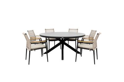 Qopps Ziggy tuintafel met 6 Indra stapelbare tuinstoelen beige Qopps Ziggy tuintafel met 6 Indra stapelbare tuinstoelen beige