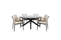 Qopps Ziggy tuintafel met 6 Indra stapelbare tuinstoelen beige