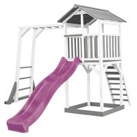 AXI Beach Tower Speeltoestel van hout in Grijs en Wit Speeltoren met zandbak, klimrek en paarse glijbaan - thumbnail