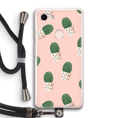 Cactusprint roze: Pixel 3 Transparant Hoesje met koord