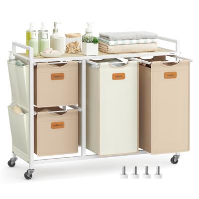 Wasmand op wielen met zijzakken en praktische opbergplank, Natuurlijk beige + Kameelbruin + Crèmewit / 150 L