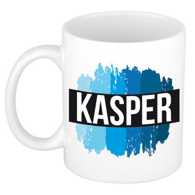 Kasper naam cadeau koffie mok - beker - met blauw verfstrepen - Cadeau collega - vaderdag