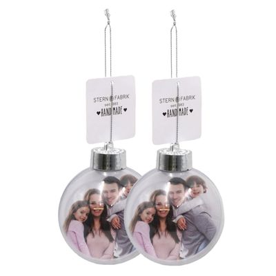 DIY foto/fotolijst kerstbal - 2x - kunststof - transparant - 8 cm DIY foto/fotolijst kerstbal - 2x - kunststof - transparant - 8 cm