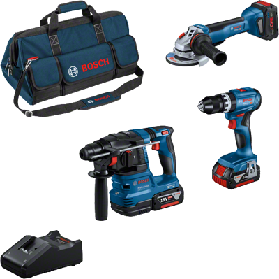 Bosch Blauw Accu toolkit 3 Toolkit 18V (2x GBA 18V 5,0 Ah, 1x ProCORE18V 5,5, Ah, lader GAL 18V-40, GSB 18V-45, GWS 18V-10, GBH 18V-22) - 0615A5004C