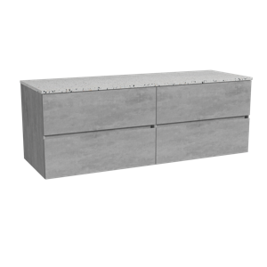 Storke Edge zwevend badmeubel 150 x 52 cm beton donkergrijs met Tavola enkel of dubbel wastafelblad in mat wit/zwart terrazzo