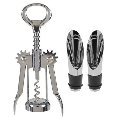 Hevel kurkentrekker/flessenopener rvs met 2x afsluit/schenk doppen
