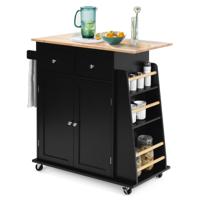 Kookeiland met Opbergruimte Rolling Rubber Wood Serving Trolley 88 x 46 x 89,5 cm Zwart