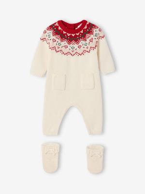 2-delige babyset met tricot babypakje + sokken in thema Kerst ecru