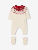 2-delige babyset met tricot babypakje + sokken in thema Kerst ecru