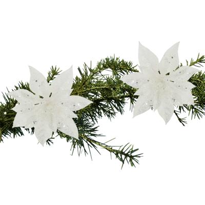 Decoratie bloem - 2x stuks - kerstster - op clip - wit - glitter -15 cm - kunststof - kerstversierin