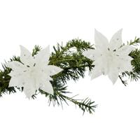 Decoratie bloem - 2x stuks - kerstster - op clip - wit - glitter -15 cm - kunststof - kerstversierin