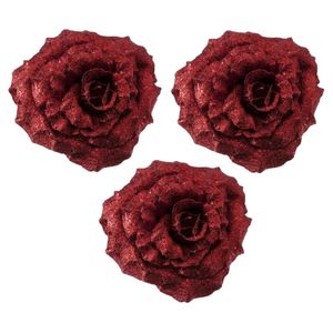 4x Kerstboomversiering bloemen op clip rode glitter roos 18 cm