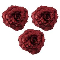 4x Kerstboomversiering bloemen op clip rode glitter roos 18 cm - thumbnail