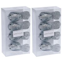 8x Kerstboomversiering glitter vogels op clip zilvergrijs 17 cm