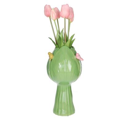 Countryfield vaas Tulip - tulpen vorm - vogeltjes - steen - groen - 18 x 32 cm