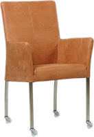 Oranje leren moderne eetkamerstoel Comfort - met armleuning poot vierkant rvs met wiel - Kenia Leer Rost (oranje leer)