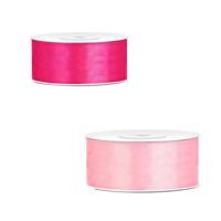 Bellatio decorations 2x rollen satijn cadeaulint/sierlint - 2.5 cm x 25 meter - roze en lichtroze