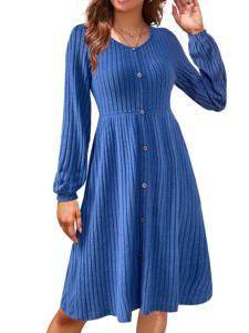 Women's Long Sleeve Summer Deep Blue Plain Crew Neck Balloon Sleeve Daily Going Out Casual Knee Length A-Line Dress