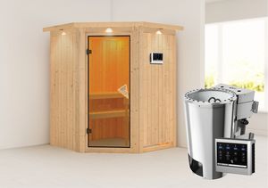 Karibu | Minja Sauna met Dakkraag | Bronzeglas Deur | Biokachel 3,6 kW Externe Bediening