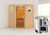 Karibu | Minja Sauna met Dakkraag | Bronzeglas Deur | Biokachel 3,6 kW Externe Bediening - thumbnail