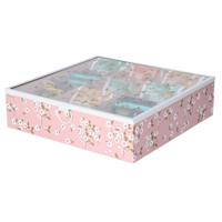 Theedoos/theekist Blossom - 9-vaks - MDF hout - 24 x 24 x 6.5 cm - lichtroze - transparante deksel