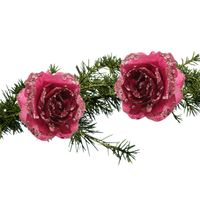 2x stuks kerstboom decoratie bloemen framboos roze glitter op clip 14 cm - Kersthangers