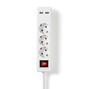 Stekkerdoos | 3-Wegs Schuko | 2x USB | 1,5 m | Aan/Uitknop | Wit